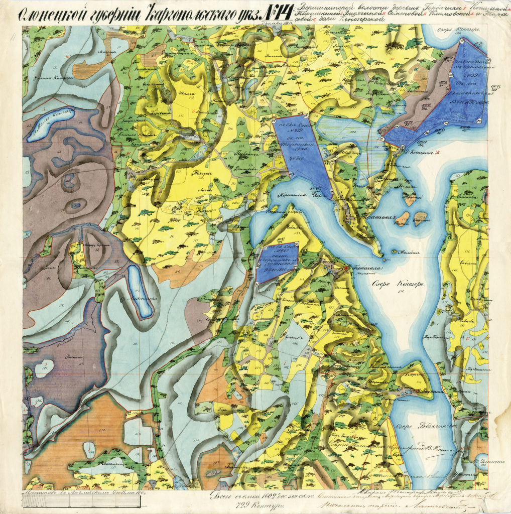 План межевания Кенозерья 1861 года, на котором отображены Вершининская и Кенозерская волости Каргопольского уезда Олонецкой губернии